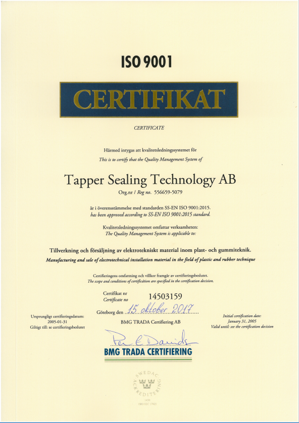 Tapper sealing technology ISO 9001 2015